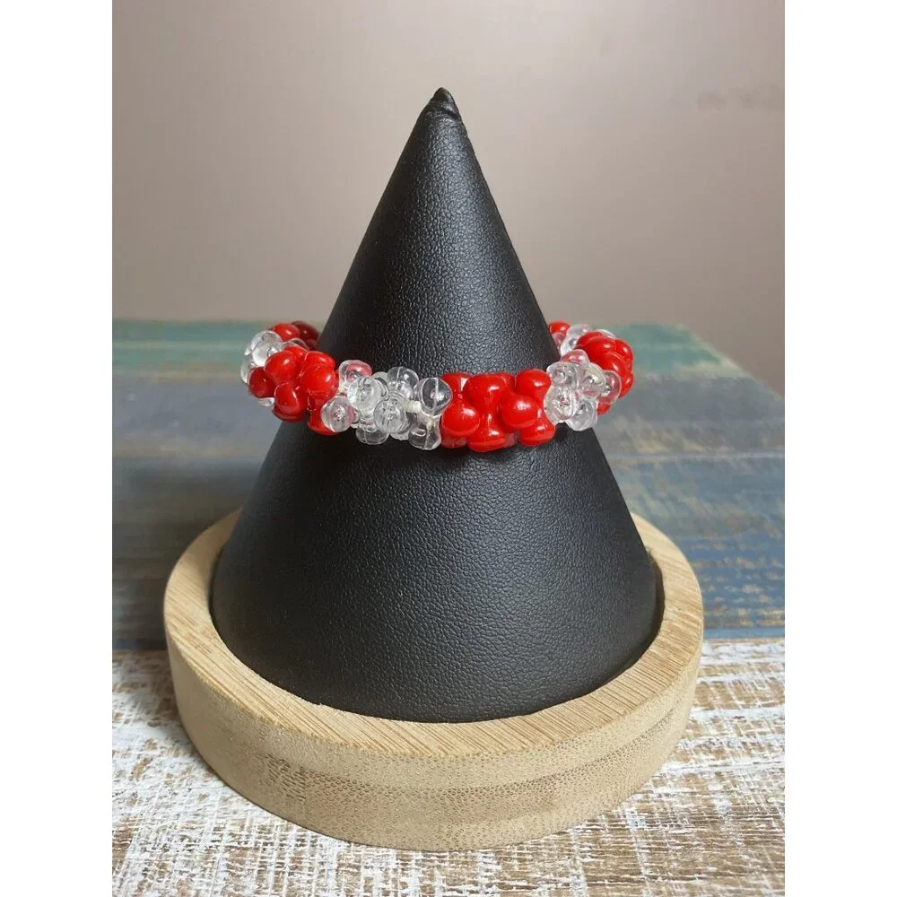 Beaded Bracelets Set Of 3 With Red Lucite Smiley Face & Flower Design